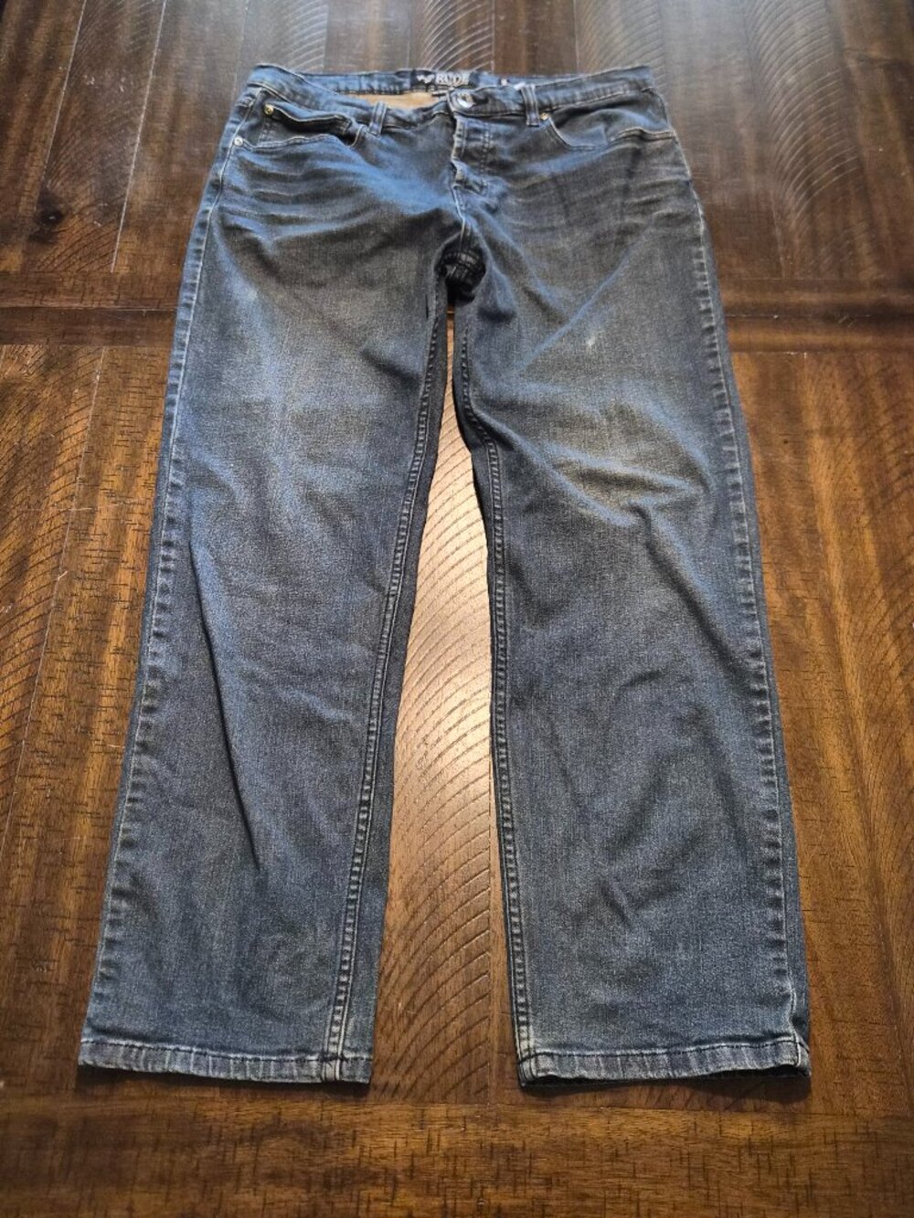 RUDE XXX Slim Straight Mens Jeans Size 36X30 3 Button Blue Dark Wash G597